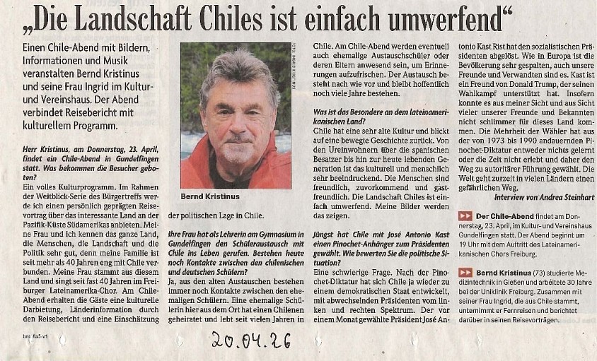Interview zum CHILE-Abend - Badische Zeitung vom 20.05.26